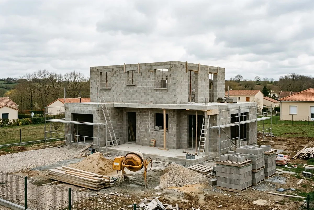 Chantier de maison au stade du gros œuvre, murs en parpaings montés et bétonnière au pied