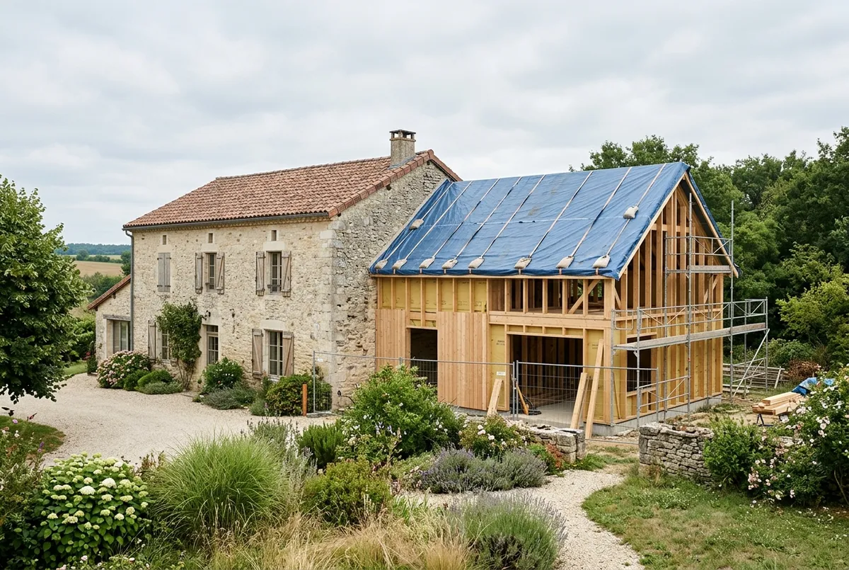 Maison ancienne en pierre avec une extension neuve en cours de construction sur le côté